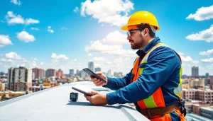 Inspecting commercial roofing services with a professional contractor in an urban environment.