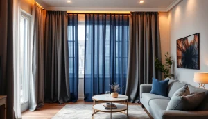 Verduisterende gordijnen in een stijlvolle woonkamer creëren perfecte lichtinval.