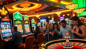 Experience the excitement of online gambling with Onicplay's vibrant interface featuring animated slot machines and poker chips.