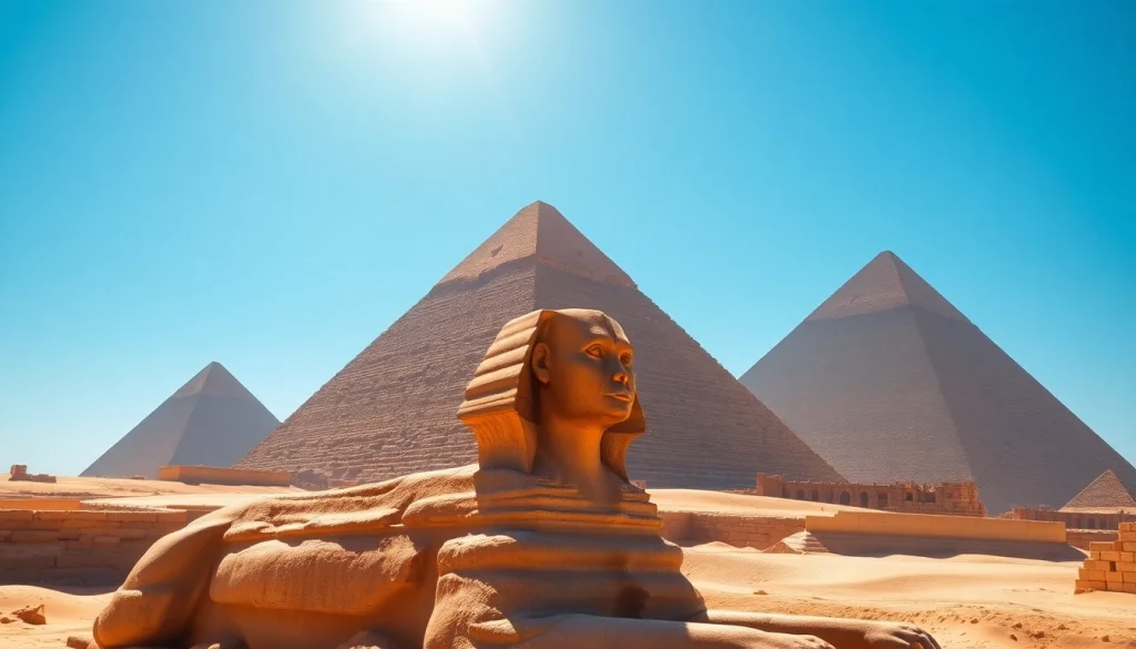Capture of pyraminds showcasing their grandeur against a vivid blue sky, with warm sandy hues.