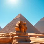 Capture of pyraminds showcasing their grandeur against a vivid blue sky, with warm sandy hues.