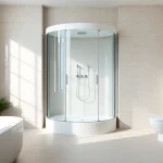 Duschkabine 90x90 in modernem Badezimmer mit eleganten Fliesen und sanfter Beleuchtung.