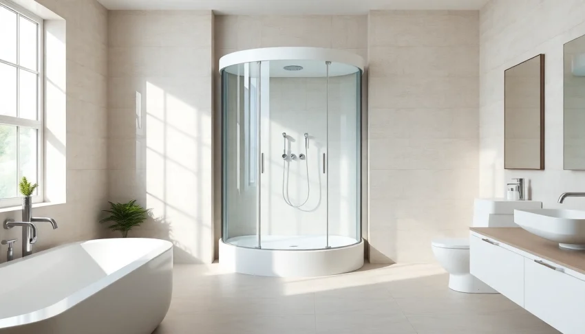 Duschkabine 90x90 in modernem Badezimmer mit eleganten Fliesen und sanfter Beleuchtung.