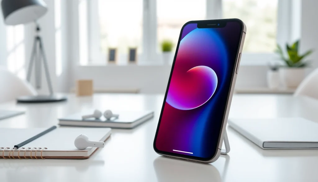 iPhone SE 4 en un elegante escritorio con accesorios tecnológicos y luz natural.