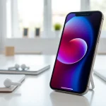 iPhone SE 4 en un elegante escritorio con accesorios tecnológicos y luz natural.