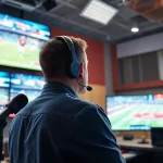 Engaging scene of Sports Broadcasting with professional broadcaster amidst dynamic studio atmosphere.