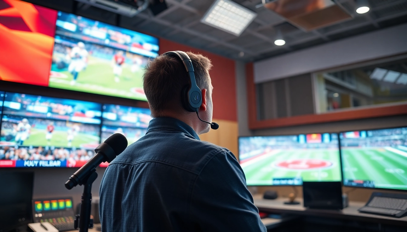 Engaging scene of Sports Broadcasting with professional broadcaster amidst dynamic studio atmosphere.