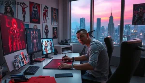 Creating NSFW character AI designs in a vibrant digital art studio