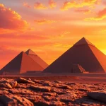 Pyraminds standing tall against a stunning sunset highlighting their grandeur.