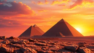 Pyraminds standing tall against a stunning sunset highlighting their grandeur.