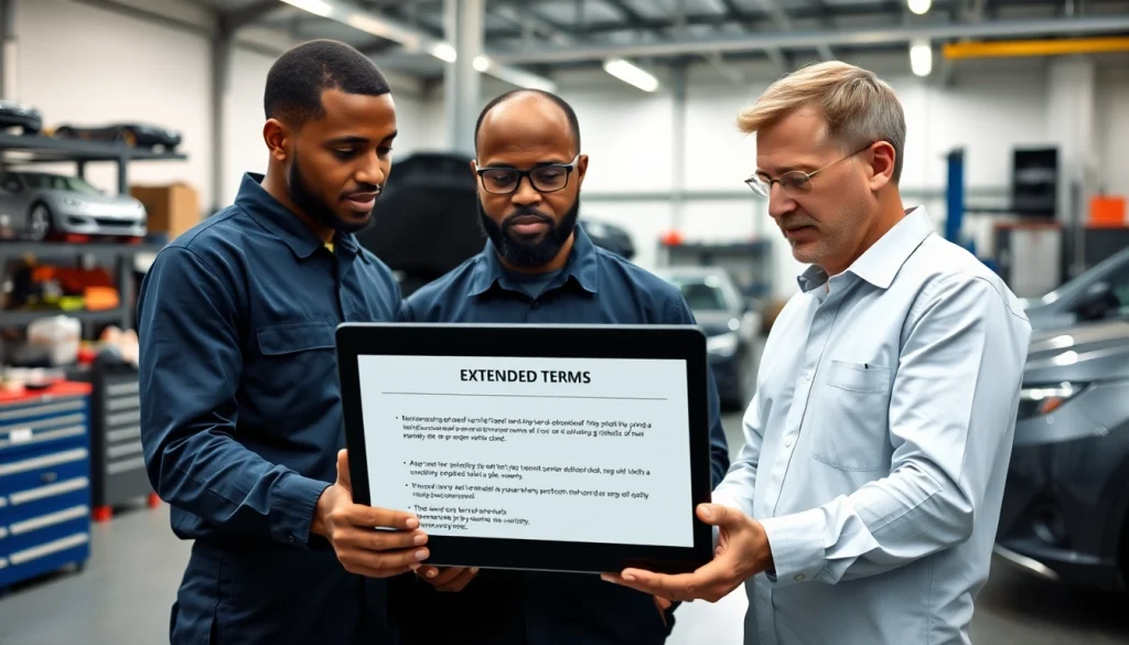 A discussion on extended auto warranty between mechanics in a modern garage setting.