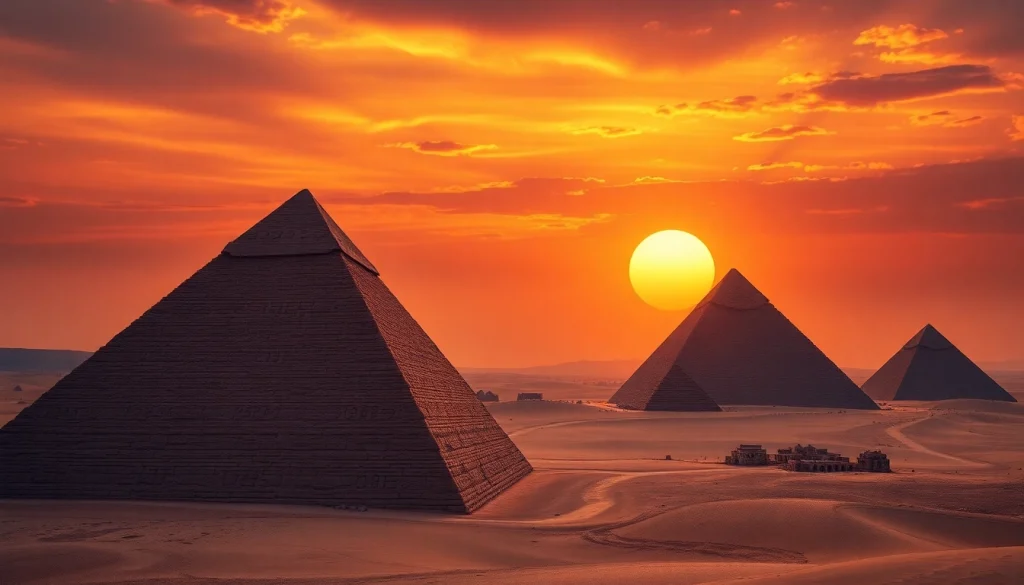 Pyraminds standing majestically under a stunning sunset, showcasing ancient architectural brilliance.