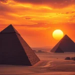 Pyraminds standing majestically under a stunning sunset, showcasing ancient architectural brilliance.