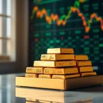 Analyze current gold price alongside luxurious gold bullion bars in an elegant display.