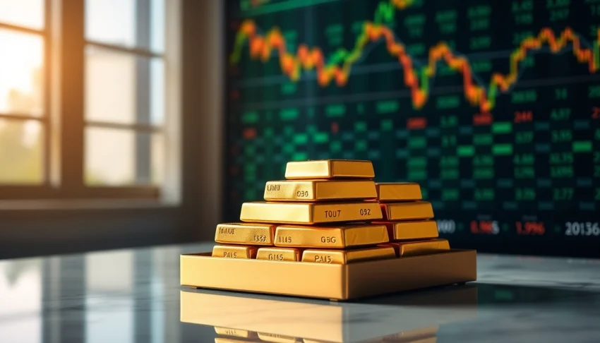 Analyze current gold price alongside luxurious gold bullion bars in an elegant display.