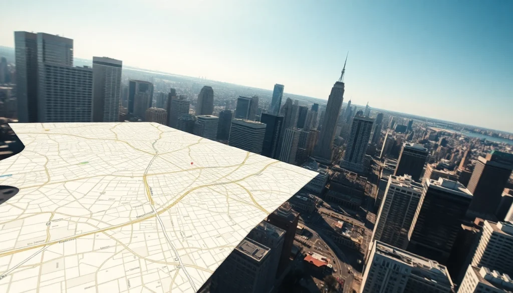 Visualizing geospatial data with detailed urban mapping overlay on a city skyline.