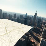 Visualizing geospatial data with detailed urban mapping overlay on a city skyline.