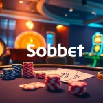 Experience sbobet login terbaru with an engaging online casino interface featuring poker chips and betting slips.