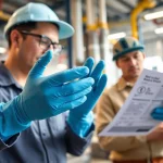 Workers demonstrating chemical-resistant gloves in a safe industrial environment.