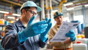 Workers demonstrating chemical-resistant gloves in a safe industrial environment.