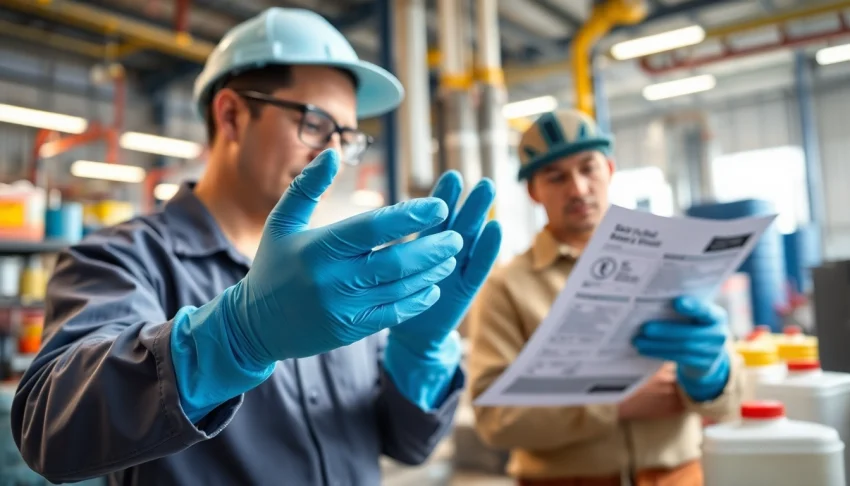 Workers demonstrating chemical-resistant gloves in a safe industrial environment.