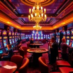Pemain slot pulsa menikmati pengalaman kasino yang seru dengan mesin yang berwarna-warni dan chip poker.