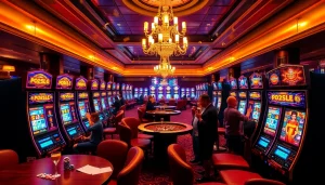 Pemain slot pulsa menikmati pengalaman kasino yang seru dengan mesin yang berwarna-warni dan chip poker.