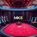 Players enjoy a thrilling MK8 gaming experience at a luxurious casino table, surrounded by vibrant slot machines.