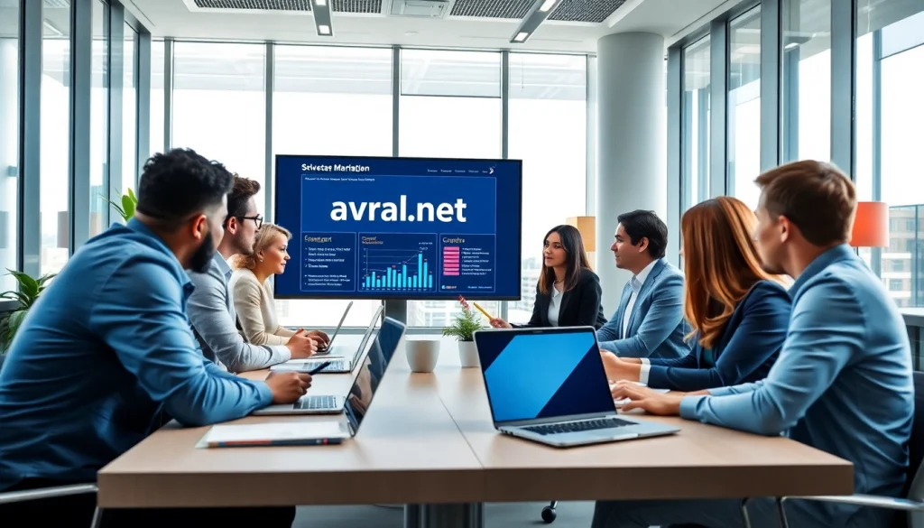 avral.net 관련하여 토론하는 전문가들로 가득 찬 현대적인 회의실 장면