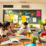 Education reform scene with diverse students collaborating in a modern classroom.
