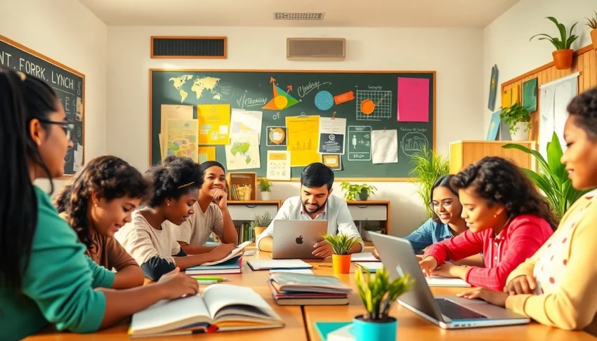 Education reform scene with diverse students collaborating in a modern classroom.