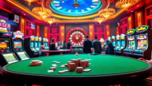 Gambling excitement at LV88 casino with colorful slot machines and spinning roulette.