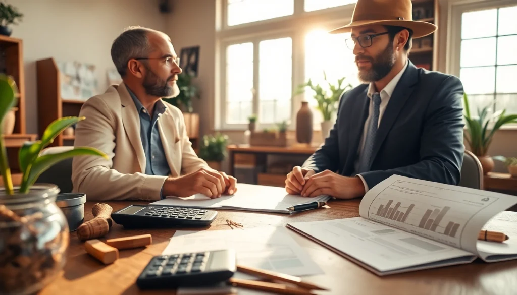 Engaging agricultural law consultation between a lawyer and farmer in a warm office.
