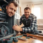 HVAC technician conducting heating repair north salem in a cozy living room environment.
