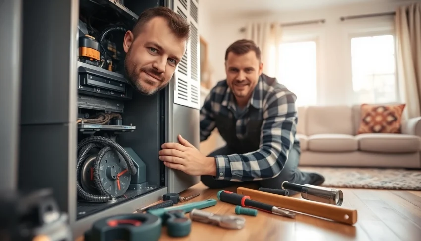 HVAC technician conducting heating repair north salem in a cozy living room environment.