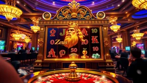 Rasakan sensasi Slot Zeus dengan visual kasino yang berwarna cerah dan elemen permainan ikonik.