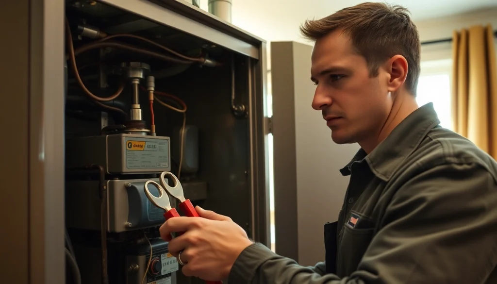 Expert performing gas furnace repair Bedford NY with focus on technician's tools and furnace details.