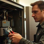 Expert performing gas furnace repair Bedford NY with focus on technician's tools and furnace details.