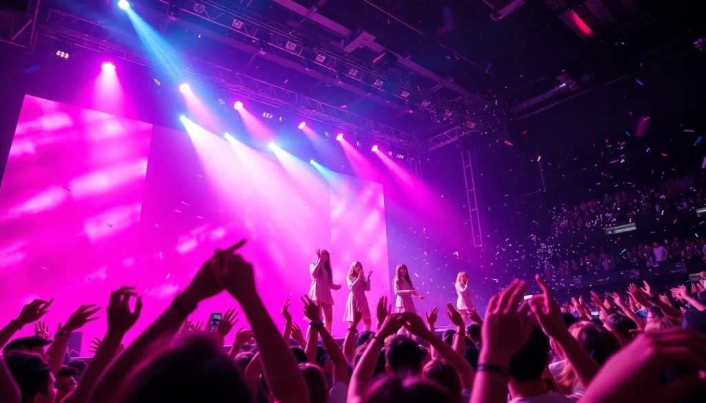 Catch the latest Blackpink news with BLACKPINK performing live on stage amidst vibrant concert lights.