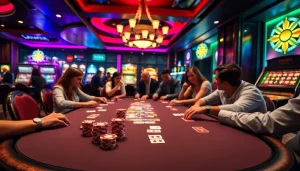 Exciting casino moment at Haywin showcasing a professional poker table setup with vibrant colors and lively players.