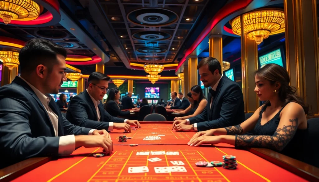 วางเดิมพัน บาคาร่าออนไลน์ บนโต๊ะพนันที่เต็มไปด้วยชิปและผู้เล่นที่ตั้งใจ