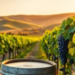 Harvested grapes in Carksburg CA vineyard, showcasing lush vines and rustic barrels.