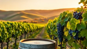 Harvested grapes in Carksburg CA vineyard, showcasing lush vines and rustic barrels.