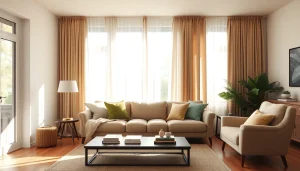 Verduisterende gordijnen creëren een gezellige sfeer in een lichte woonkamer.