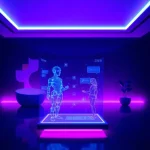 AI NSFW chatbot interface in a modern futuristic room with ambient lighting.