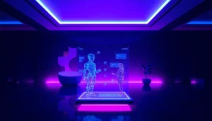AI NSFW chatbot interface in a modern futuristic room with ambient lighting.