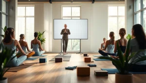 Engaging yoga practice led by a Yoga Teacher AI in a calming studio setting.