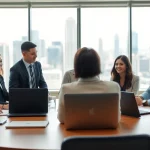 Engaged professionals discussing strategies for sales staffing platforms in an elegant office.
