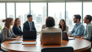 Engaged professionals discussing strategies for sales staffing platforms in an elegant office.