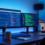 Web scrapping visuals on dual monitors in a modern workspace